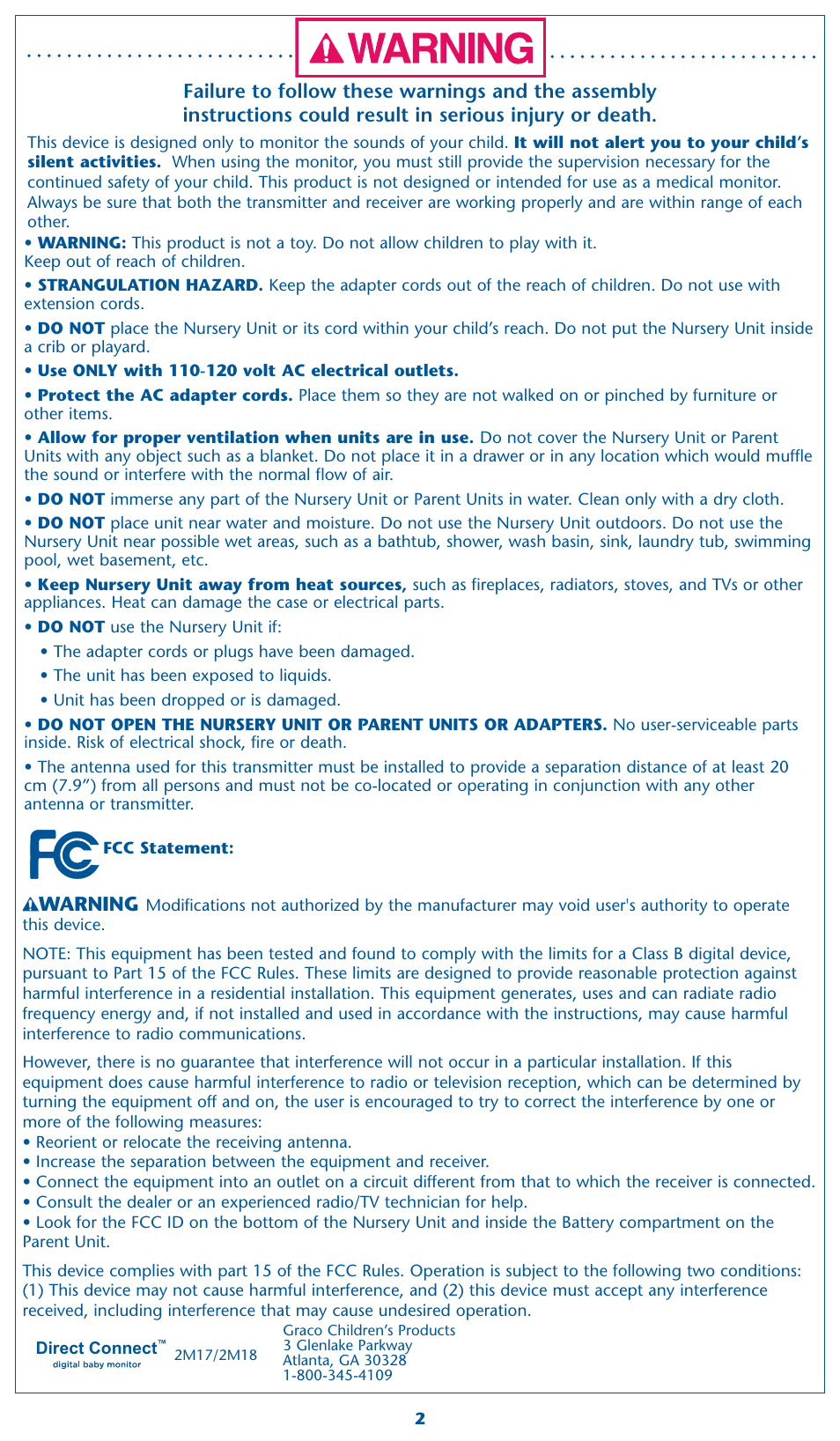 Warning | Graco 2M17 User Manual | Page 2 / 12