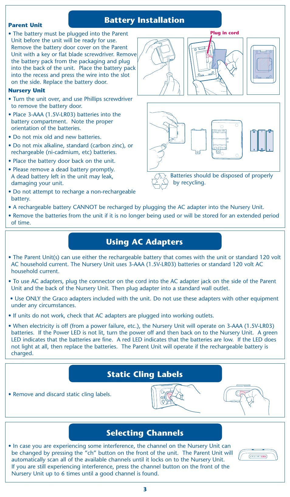 Battery installation using ac adapters, Static cling labels, Selecting channels | Graco 2M17 User Manual | Page 3 / 12