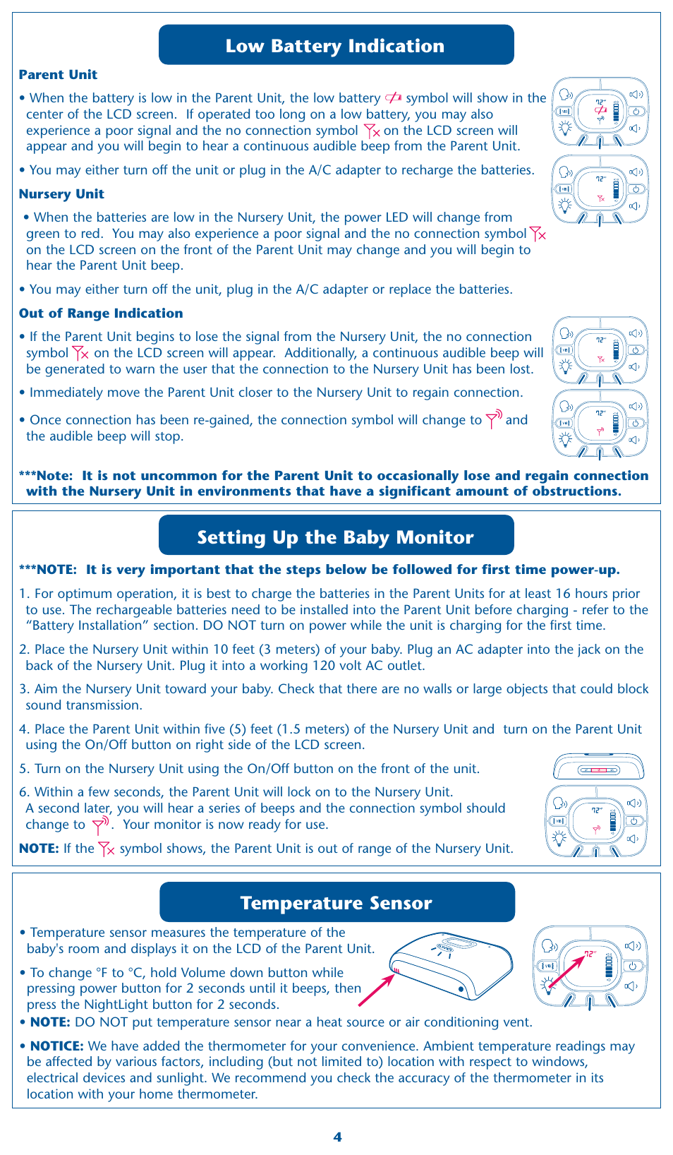 Low battery indication, Setting up the baby monitor, Temperature sensor | Graco 2M17 User Manual | Page 4 / 12