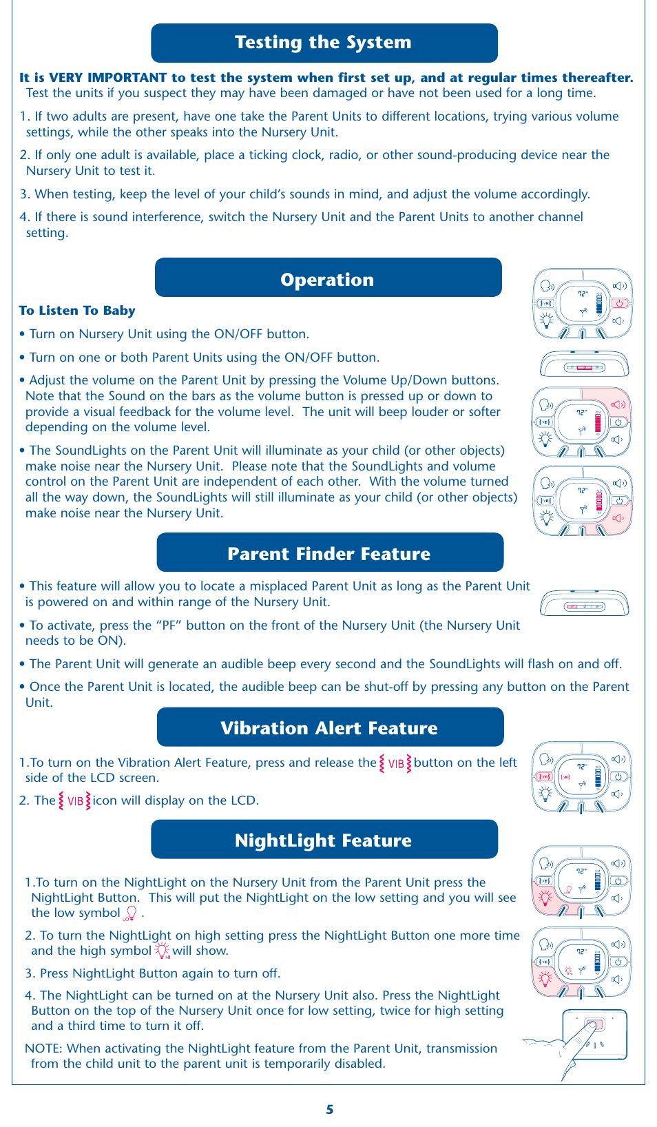 Operation, Parent finder feature vibration alert feature, Nightlight feature | Testing the system | Graco 2M17 User Manual | Page 5 / 12