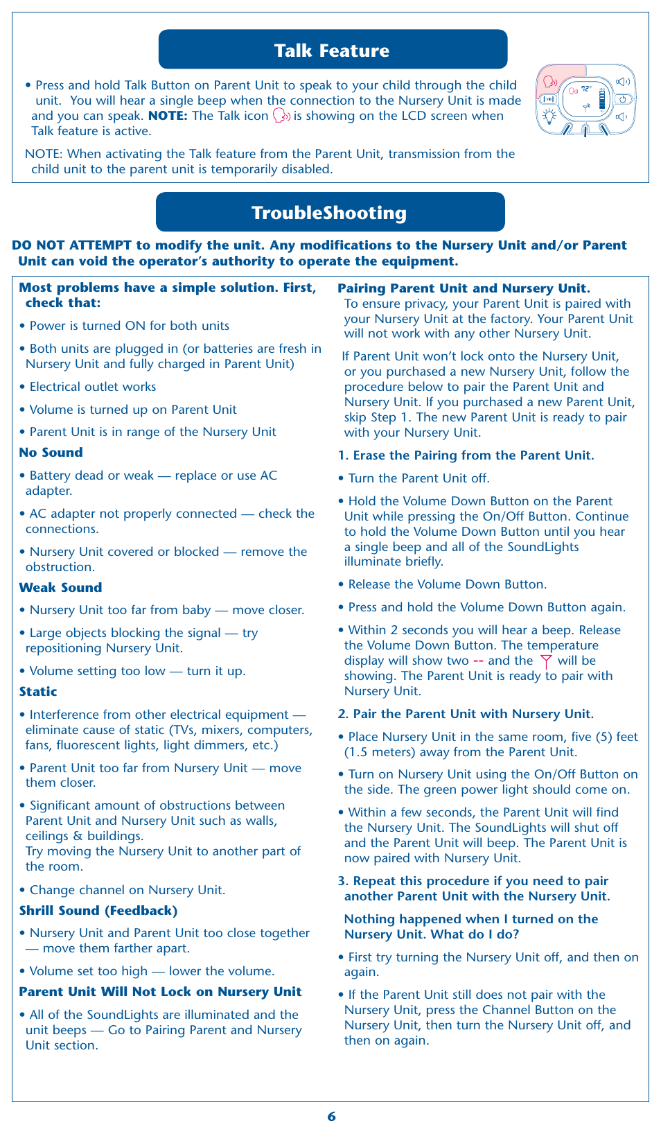 Troubleshooting, Talk feature | Graco 2M17 User Manual | Page 6 / 12