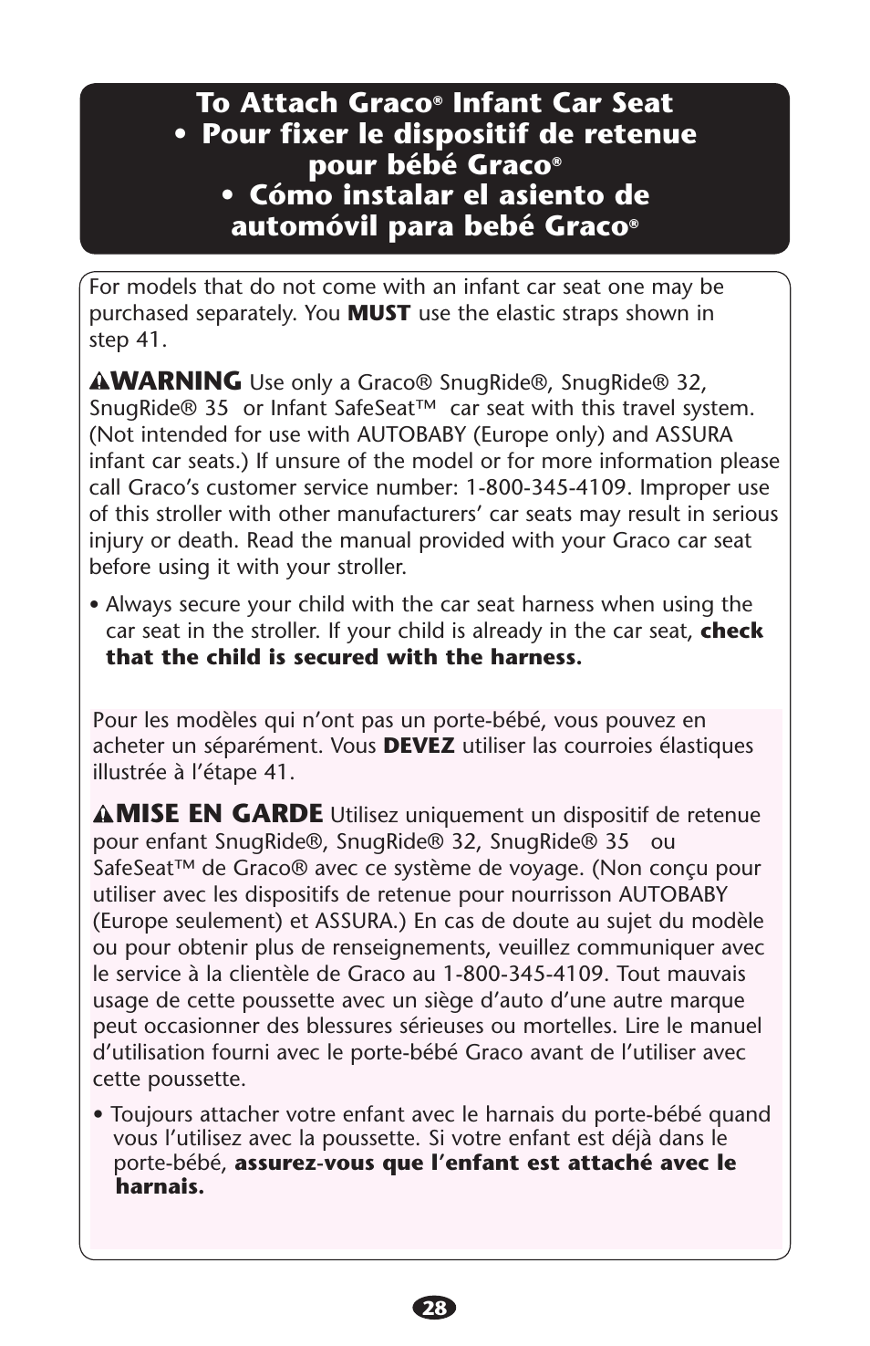 Infant car seat s pour bébé graco, Sautomøvil, Warning | Mise en garde | Graco Stylus 1759703 User Manual | Page 28 / 124