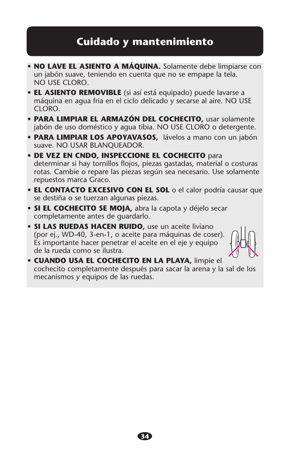 Cuidado y mantenimiento | Graco Stylus 1759703 User Manual | Page 34 / 124