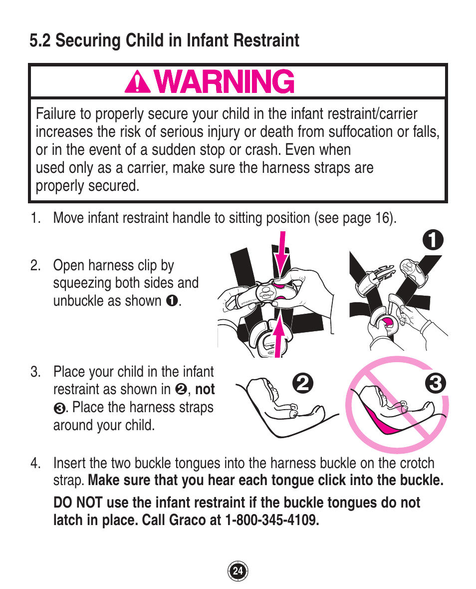 2 securing child in infant restraint | Graco Stylus 1759703 User Manual | Page 60 / 124