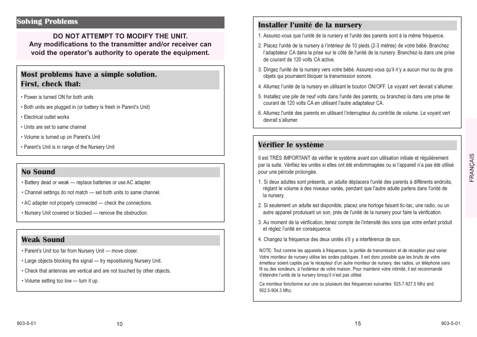 Installer l’unité de la nursery, Vérifier le système, Solving problems | Weak sound no sound | Graco LISTEN 'N TALK 2770 User Manual | Page 10 / 12