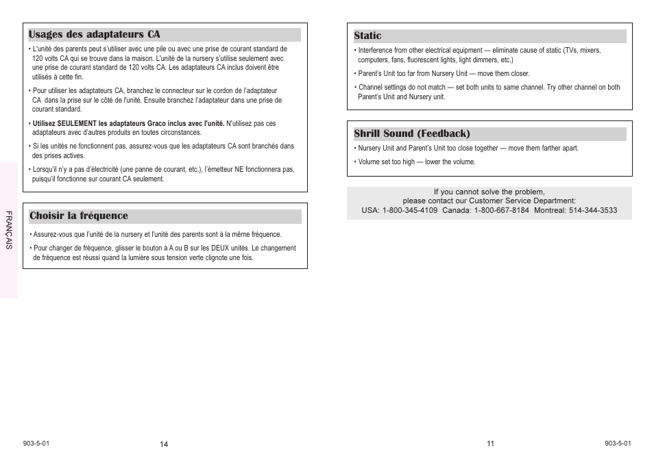 Static shrill sound (feedback), Usages des adaptateurs ca, Choisir la fréquence | Graco LISTEN 'N TALK 2770 User Manual | Page 11 / 12