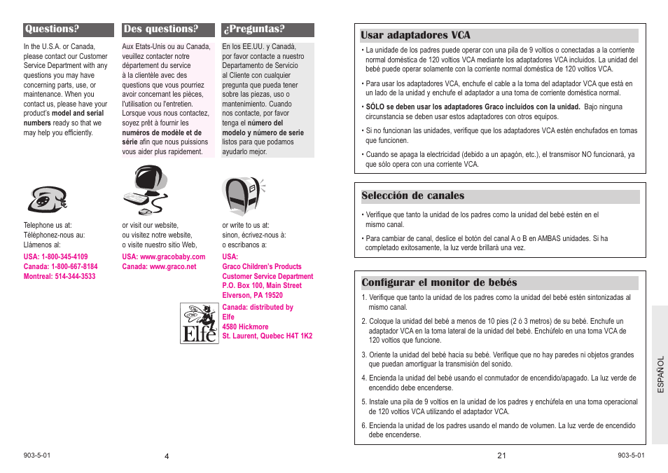 Usar adaptadores vca, Selección de canales, Configurar el monitor de bebés | Questions? des questions? ¿preguntas | Graco LISTEN 'N TALK 2770 User Manual | Page 4 / 12