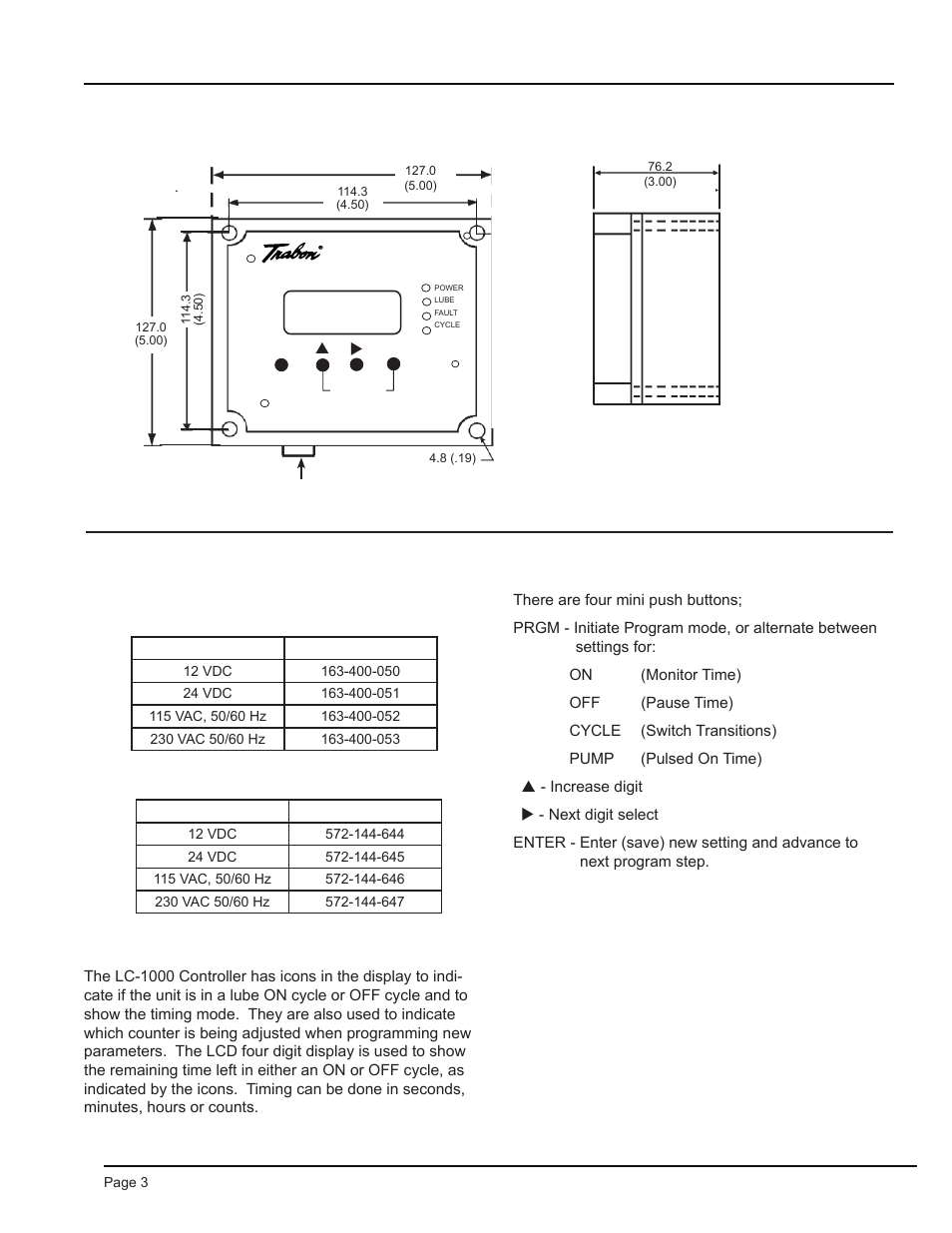 Dimensions mm / (inches), Ordering information programming instructions, Push buttons | Lc-1000 lube system controller | Graco Trabon LC-1000 User Manual | Page 3 / 8