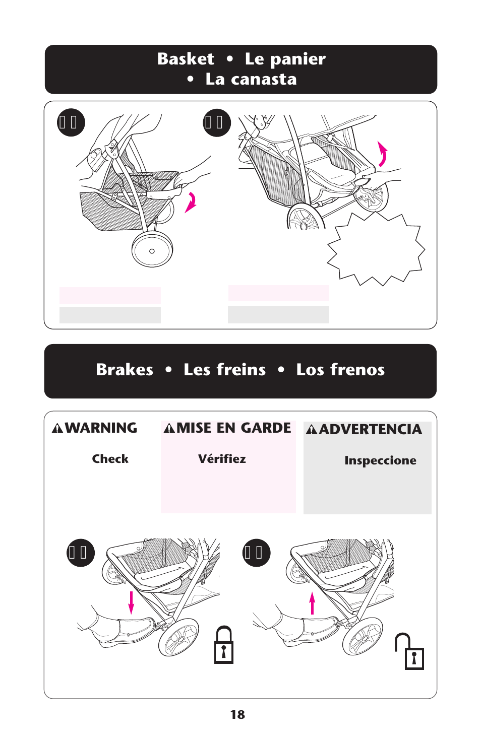 Basket • le panier • la canasta, Brakes • les freins • los frenos | Graco AlanoTM User Manual | Page 18 / 112