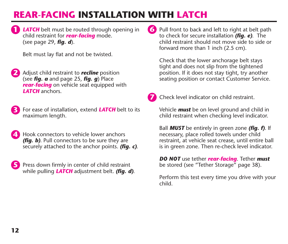 Rear-facing installation with latch | Graco ComfortSport PD106974A User Manual | Page 12 / 96