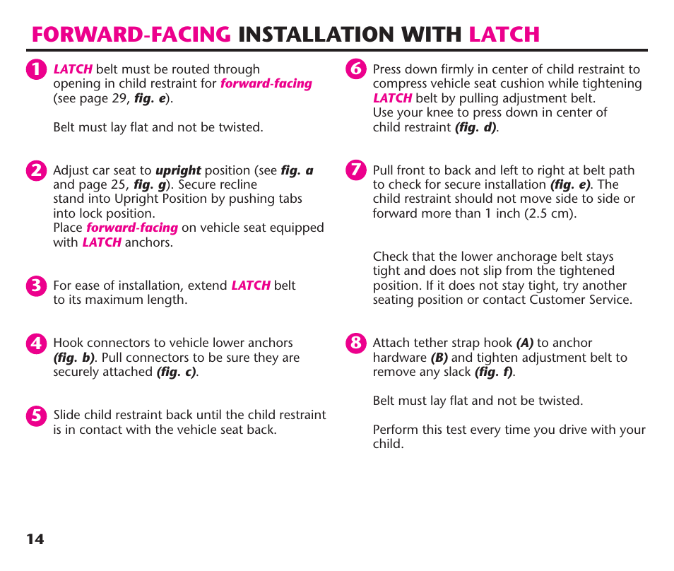 Forward-facing installation with latch | Graco ComfortSport PD106974A User Manual | Page 14 / 96