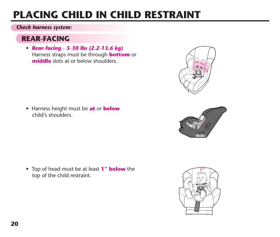 Placing child in child restraint, Rear-facing | Graco ComfortSport PD106974A User Manual | Page 20 / 96