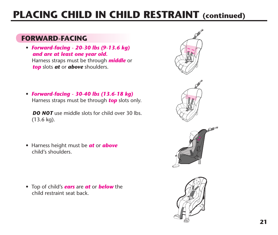 Placing child in child restraint, Continued), Forward-facing | Graco ComfortSport PD106974A User Manual | Page 21 / 96