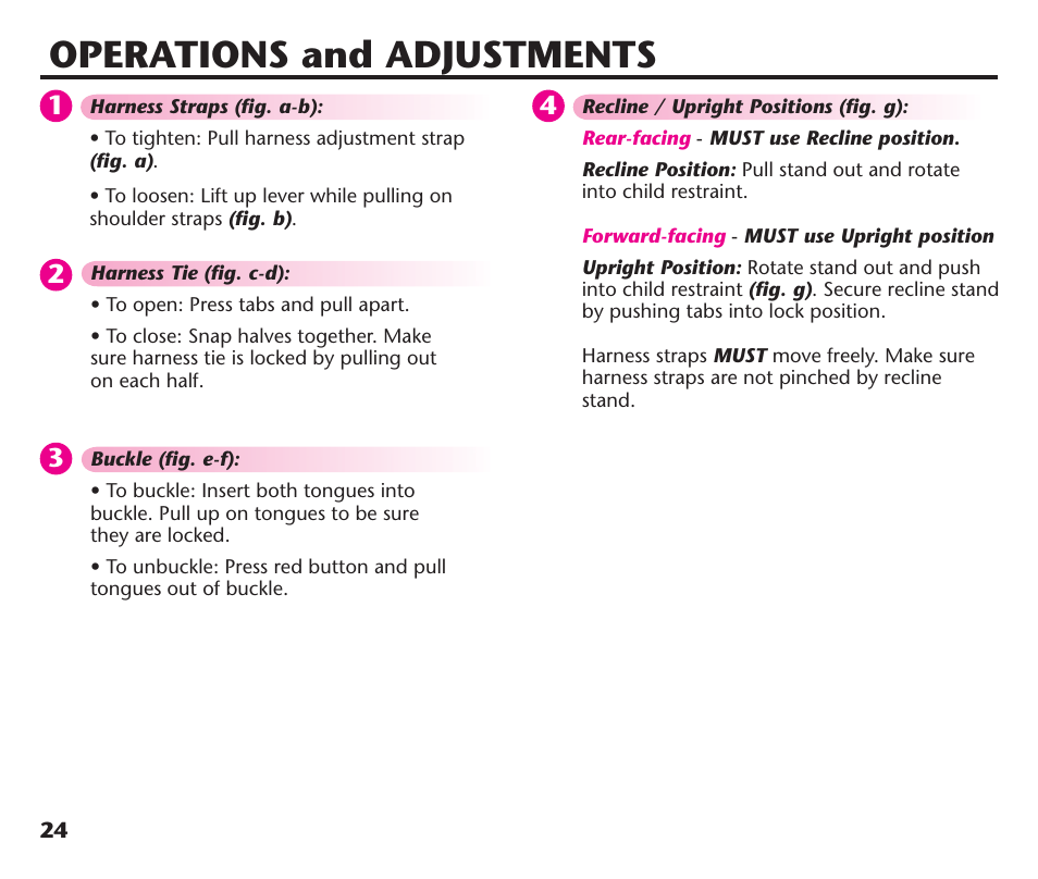 Operations and adjustments | Graco ComfortSport PD106974A User Manual | Page 24 / 96