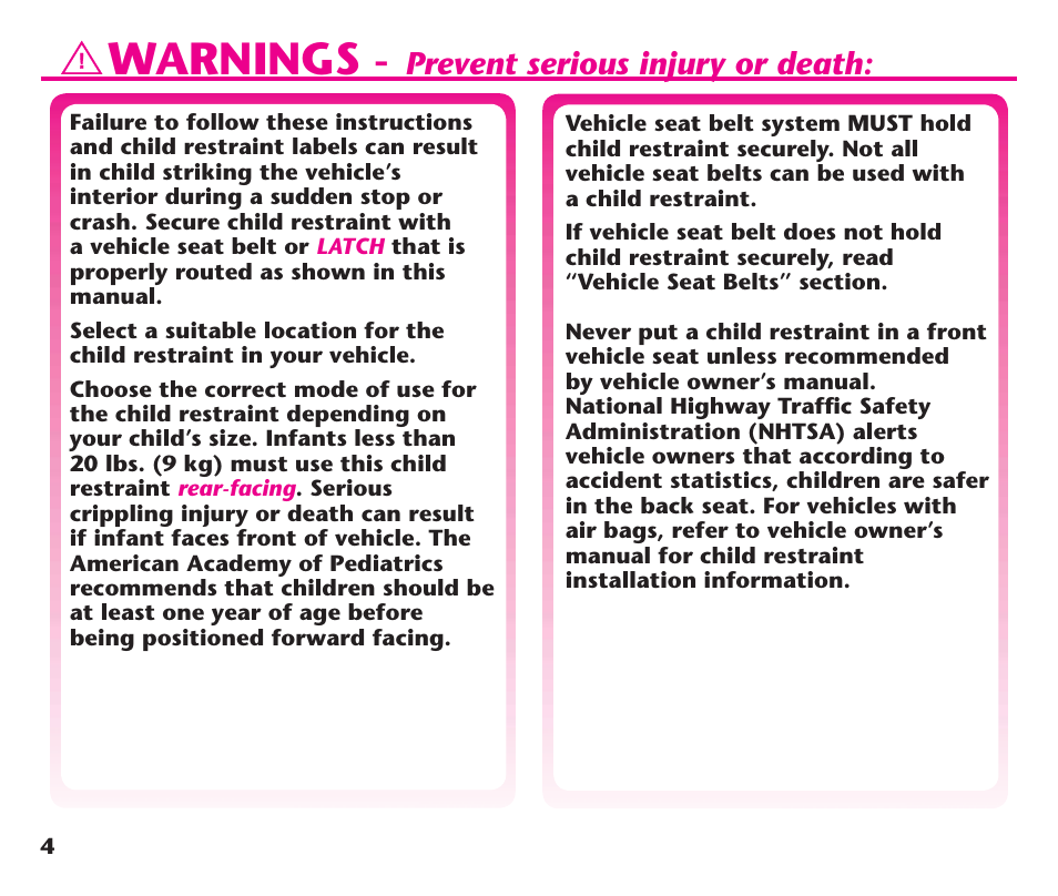 Warnings, Prevent serious injury or death | Graco ComfortSport PD106974A User Manual | Page 4 / 96