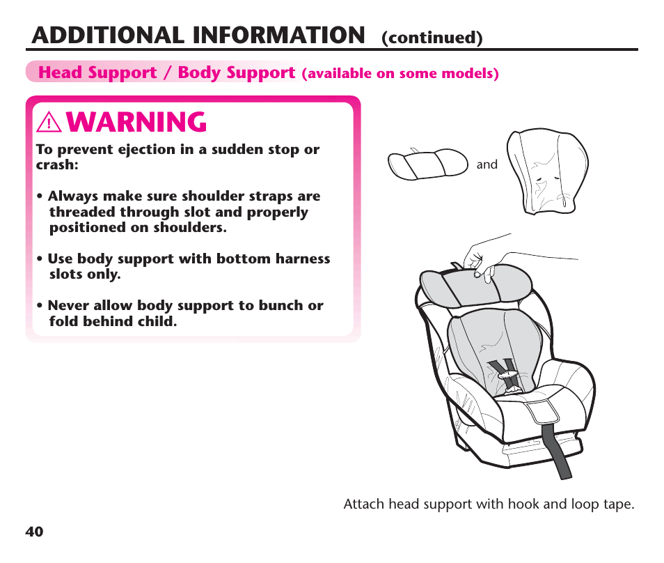 Warning, Additional information | Graco ComfortSport PD106974A User Manual | Page 40 / 96