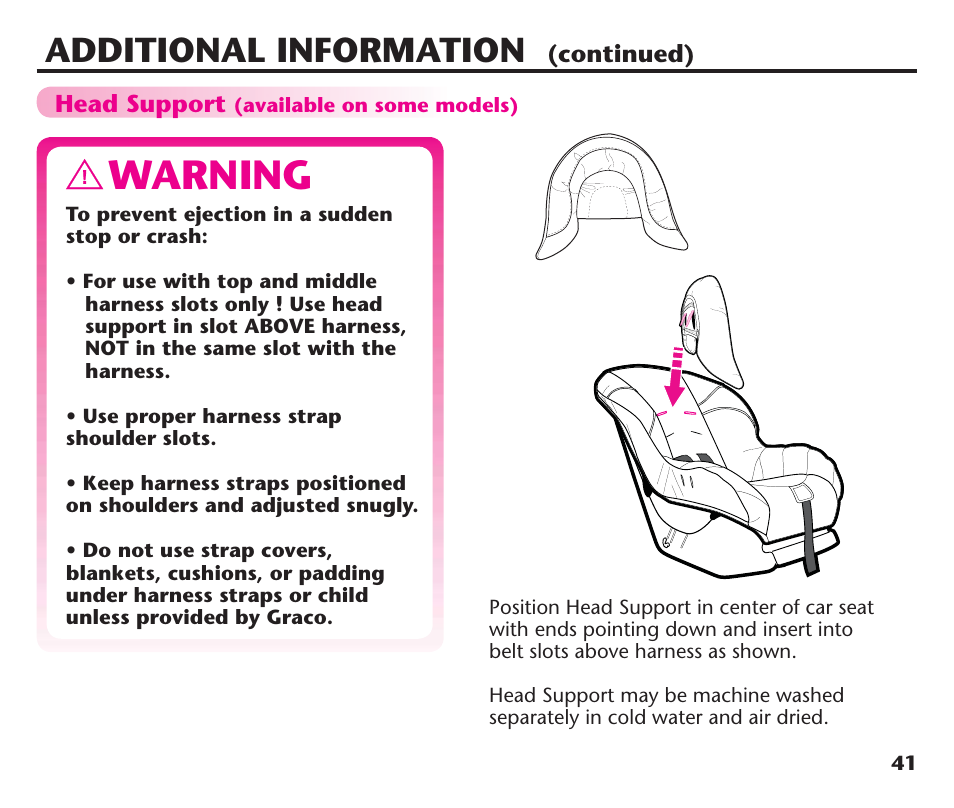 Warning, Additional information | Graco ComfortSport PD106974A User Manual | Page 41 / 96