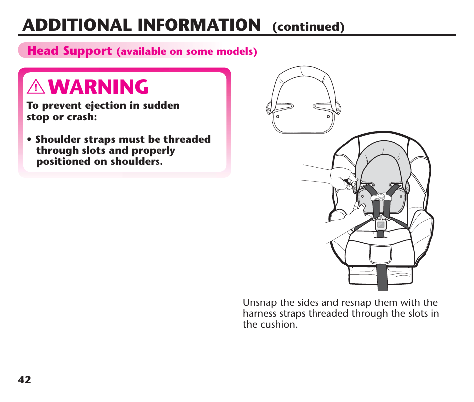 Warning, Additional information | Graco ComfortSport PD106974A User Manual | Page 42 / 96