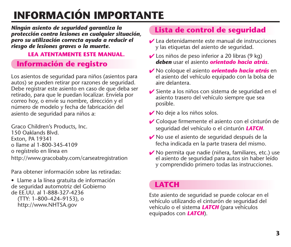 Información importante, Información de registro, Lista de control de seguridad latch | Graco ComfortSport PD106974A User Manual | Page 51 / 96