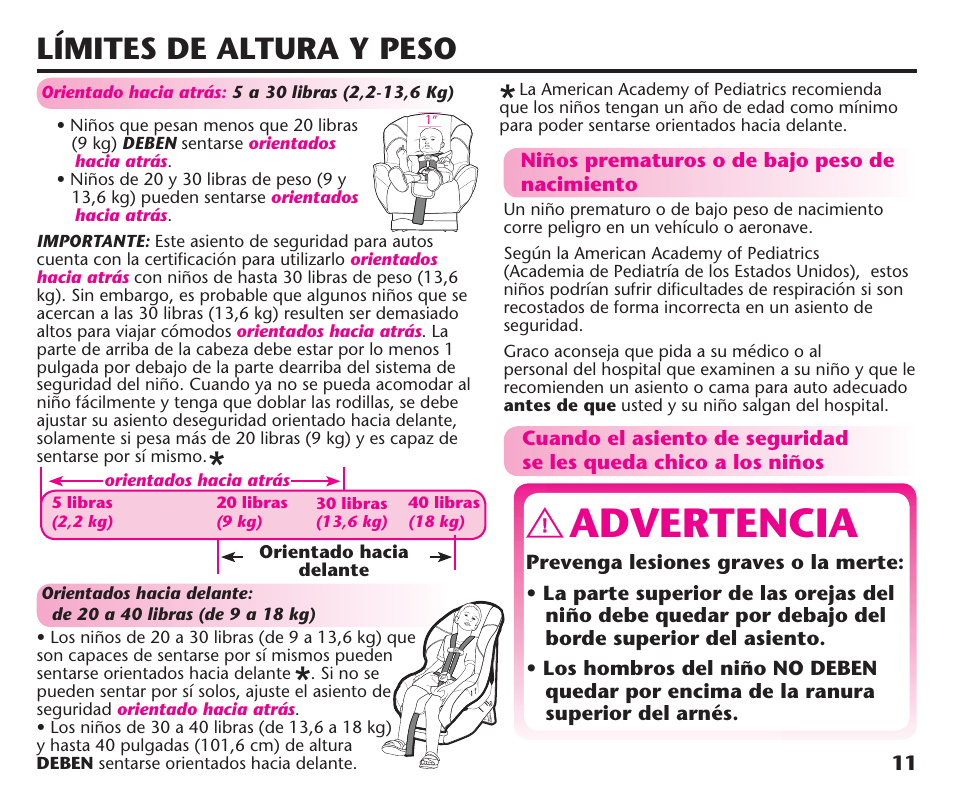 Advertencia, Límites de altura y peso | Graco ComfortSport PD106974A User Manual | Page 59 / 96