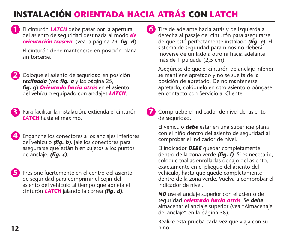 Instalación orientada hacia atrás con latch | Graco ComfortSport PD106974A User Manual | Page 60 / 96