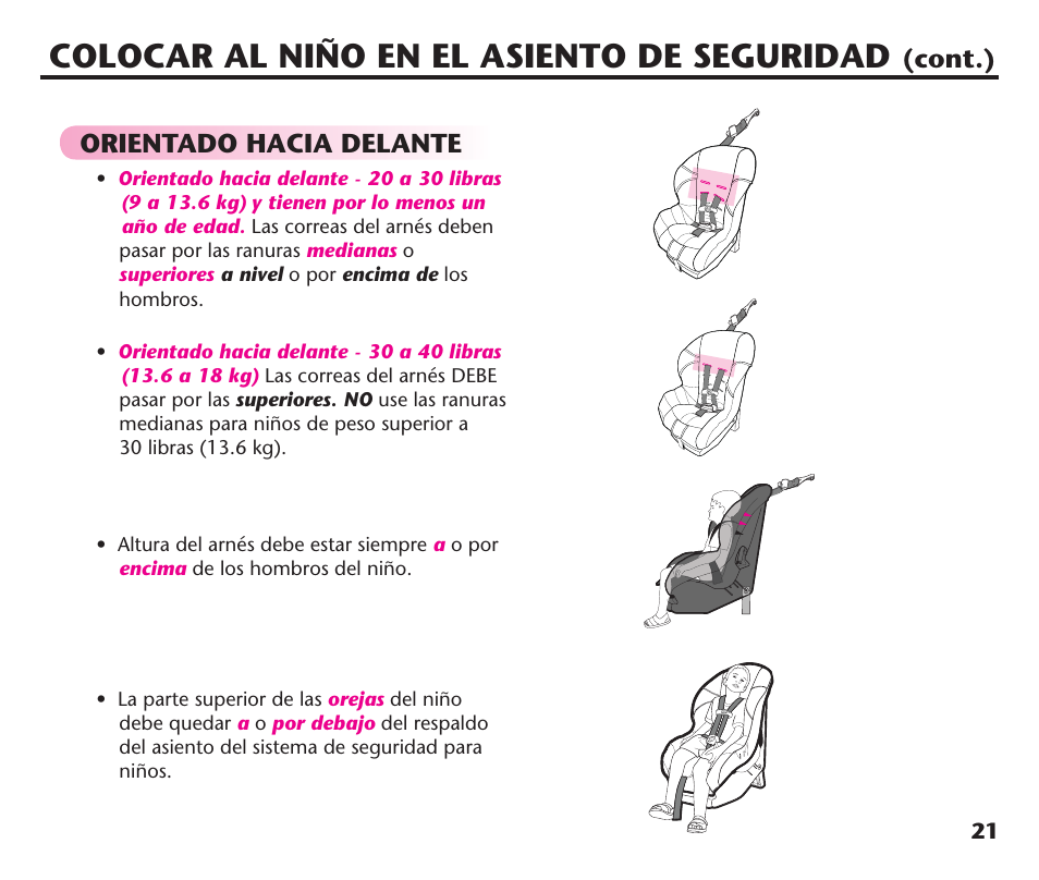 Colocar al niño en el asiento de seguridad, Cont.), Orientado hacia delante | Graco ComfortSport PD106974A User Manual | Page 69 / 96