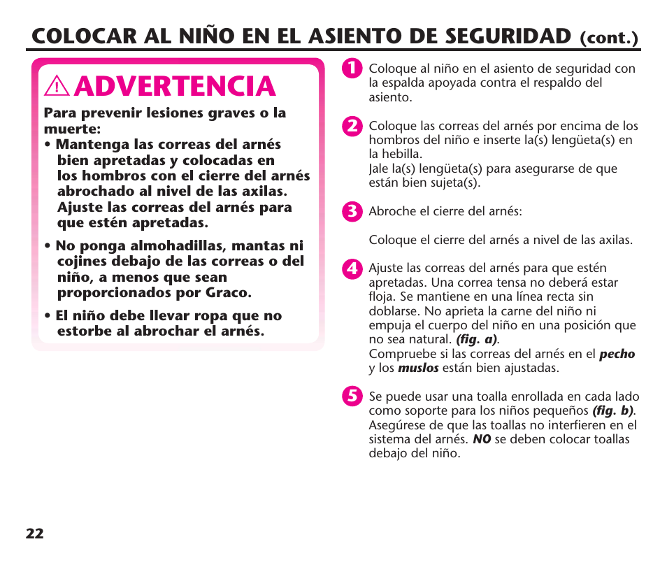 Advertencia, Colocar al niño en el asiento de seguridad | Graco ComfortSport PD106974A User Manual | Page 70 / 96