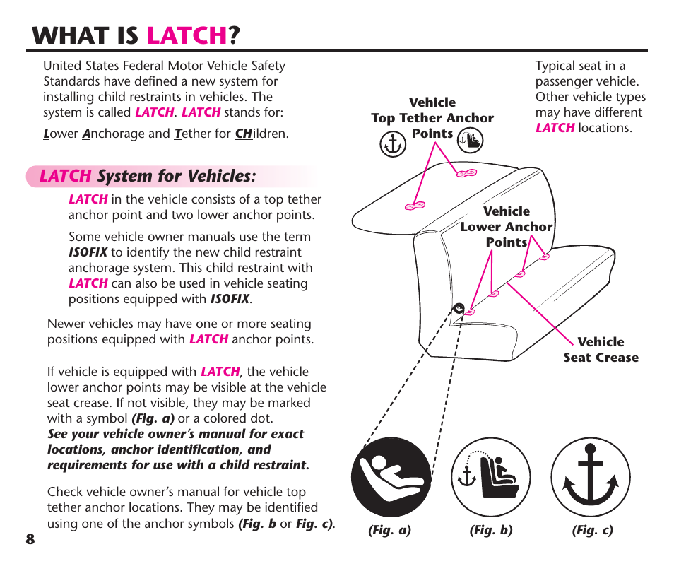 What is latch, Latch system for vehicles | Graco ComfortSport PD106974A User Manual | Page 8 / 96