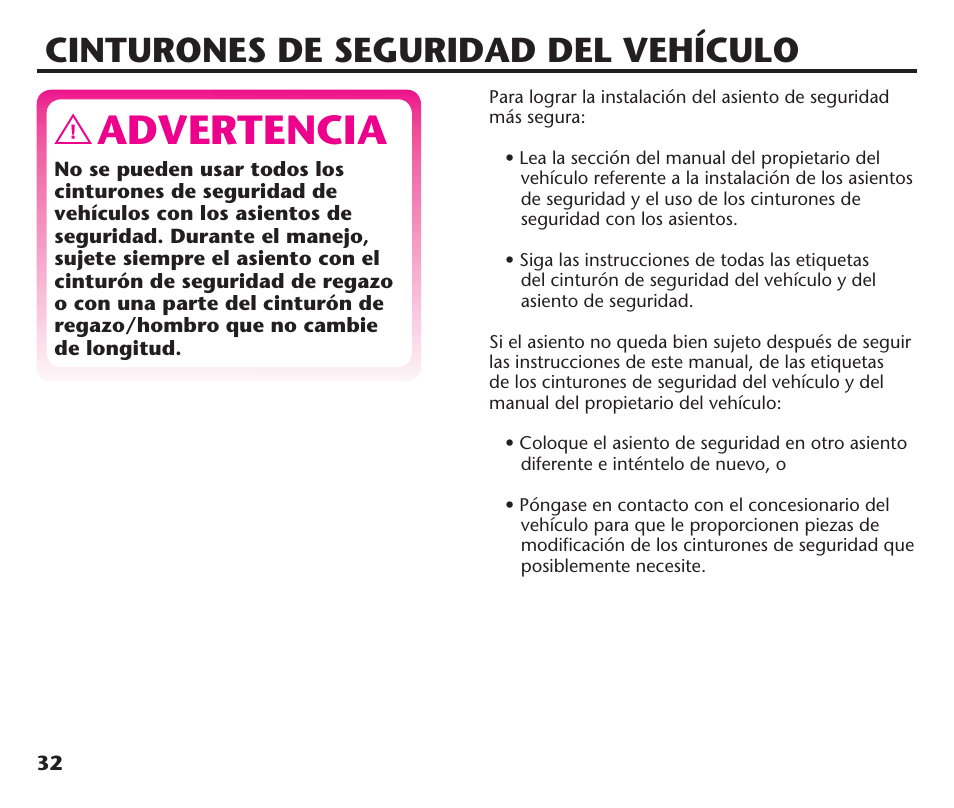 Advertencia, Cinturones de seguridad del vehículo | Graco ComfortSport PD106974A User Manual | Page 80 / 96