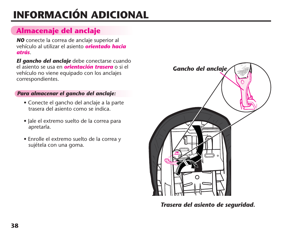 Información adicional, Almacenaje del anclaje | Graco ComfortSport PD106974A User Manual | Page 86 / 96