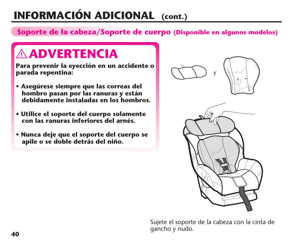 Advertencia, Información adicional | Graco ComfortSport PD106974A User Manual | Page 88 / 96