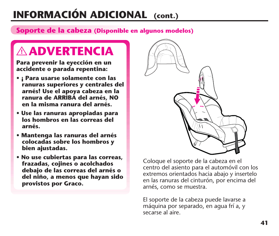 Advertencia, Información adicional | Graco ComfortSport PD106974A User Manual | Page 89 / 96