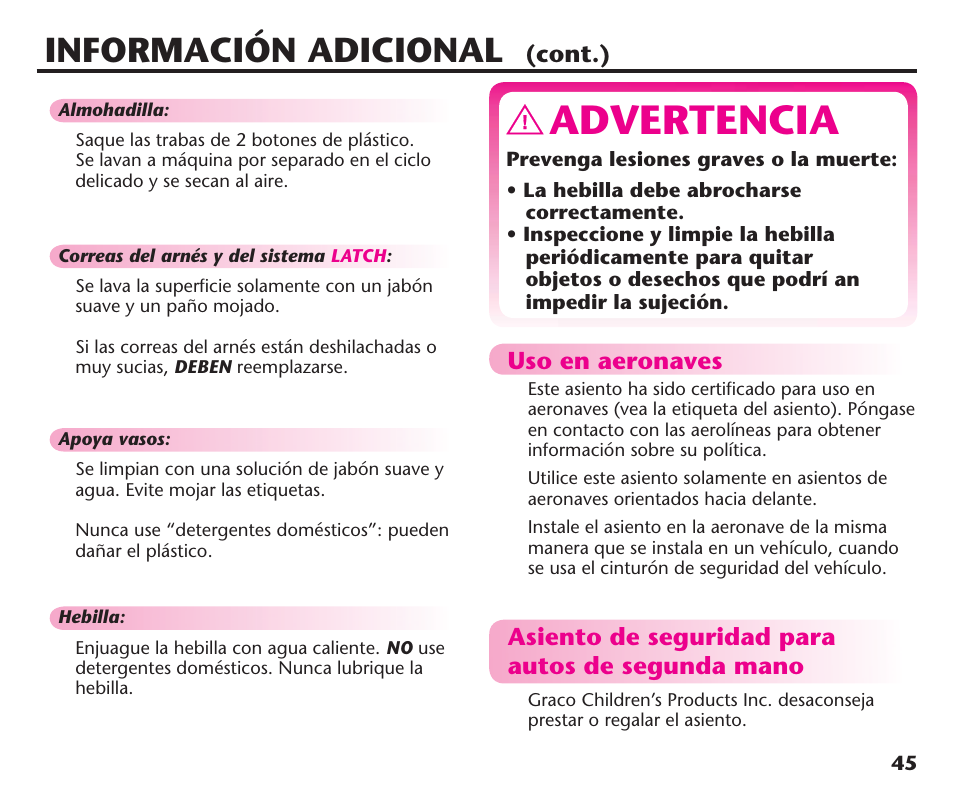 Advertencia, Información adicional, Cont.) | Asiento de seguridad para autos de segunda mano, Uso en aeronaves | Graco ComfortSport PD106974A User Manual | Page 93 / 96