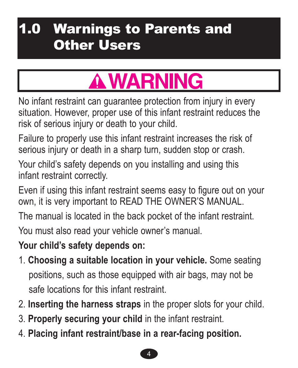 0 warnings to parents and other users | Graco ISPC089BB User Manual | Page 4 / 96