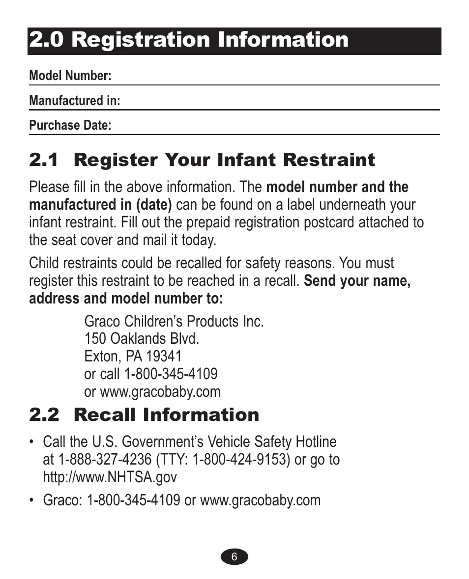 0 registration information, 1 register your infant restraint, 2 recall information | Graco ISPC089BB User Manual | Page 6 / 96