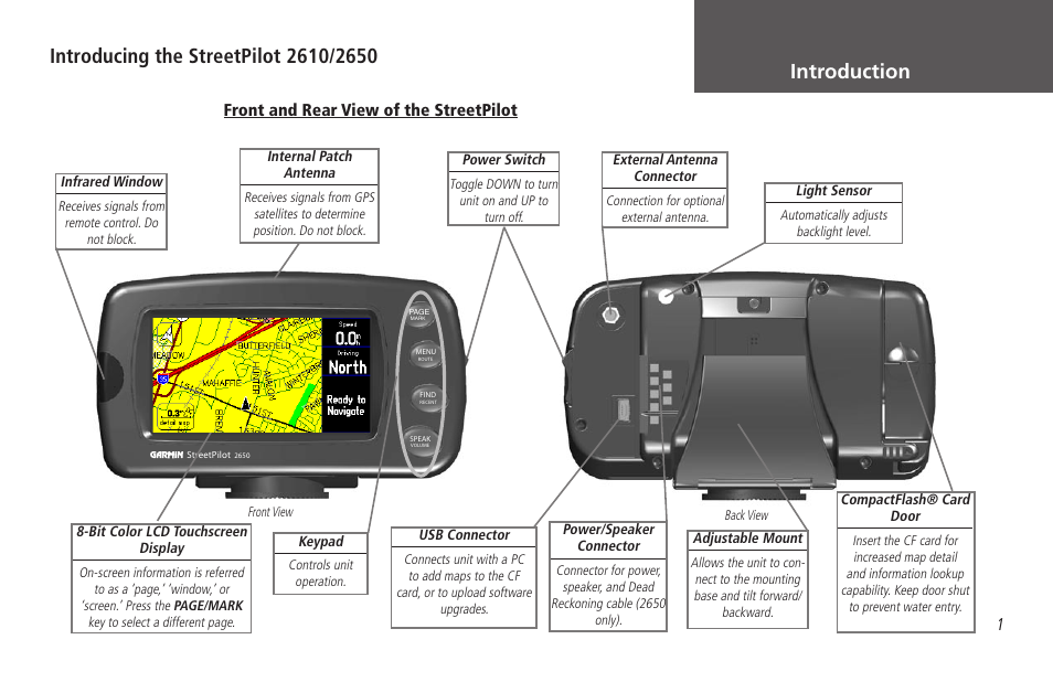 Introducing the streetpilot 2610/2650, Front and rear view of the streetpilot, Introduction | Garmin StreetPilot 2650 User Manual | Page 11 / 95