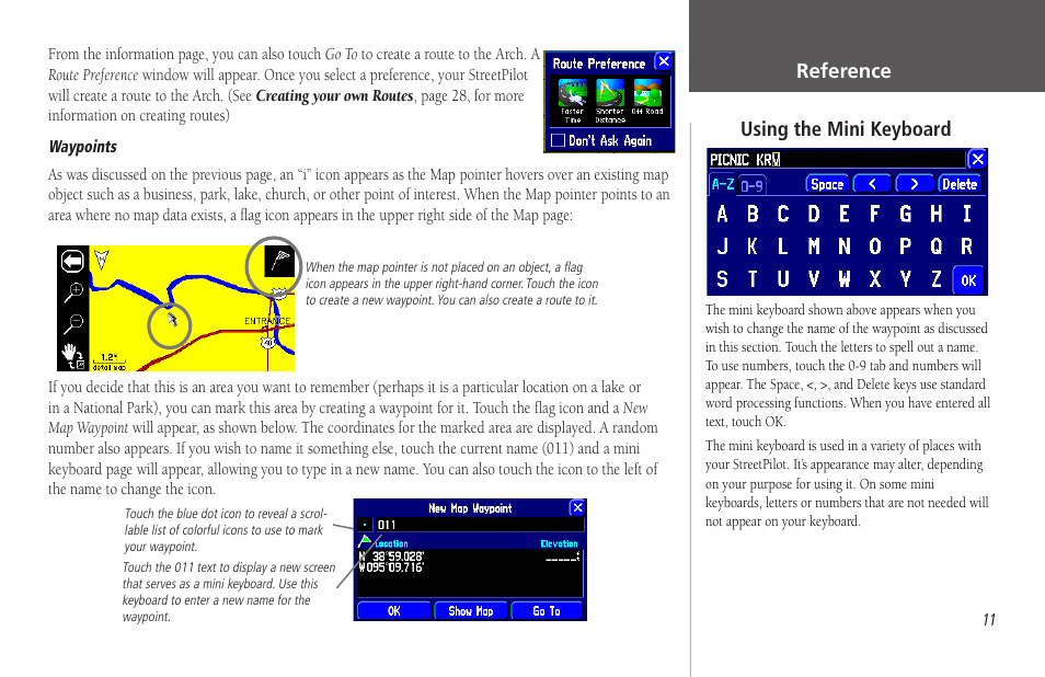 Reference, Using the mini keyboard | Garmin StreetPilot 2650 User Manual | Page 21 / 95