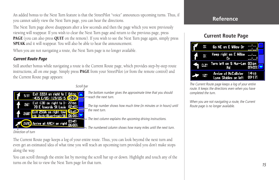 Reference, Current route page | Garmin StreetPilot 2650 User Manual | Page 25 / 95