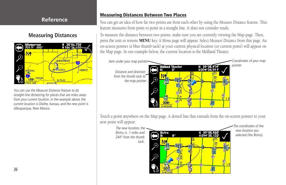 Measuring distances between two places, Reference, Measuring distances | Garmin StreetPilot 2650 User Manual | Page 46 / 95