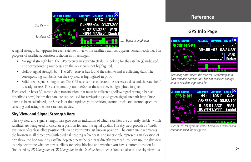 Reference, Gps info page | Garmin StreetPilot 2650 User Manual | Page 67 / 95