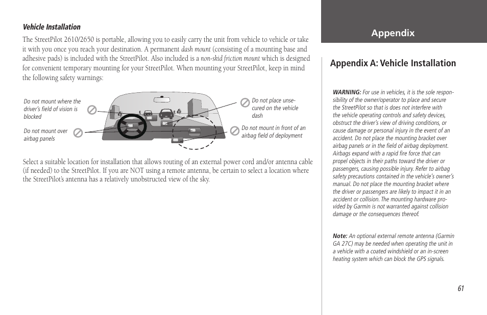 Appendix a: vehicle installation, Appendix | Garmin StreetPilot 2650 User Manual | Page 71 / 95