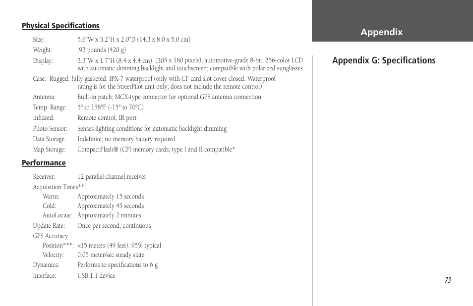 Appendix g: specifications, Appendix | Garmin StreetPilot 2650 User Manual | Page 83 / 95