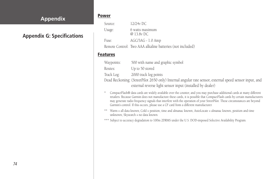 Appendix, Appendix g: specifications | Garmin StreetPilot 2650 User Manual | Page 84 / 95