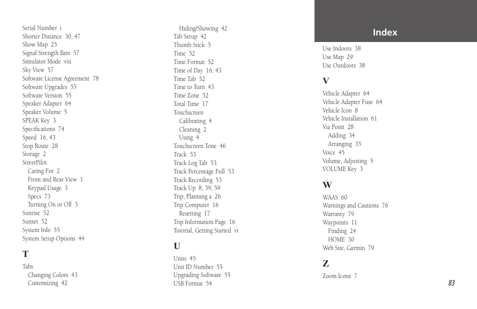 Index | Garmin StreetPilot 2650 User Manual | Page 93 / 95