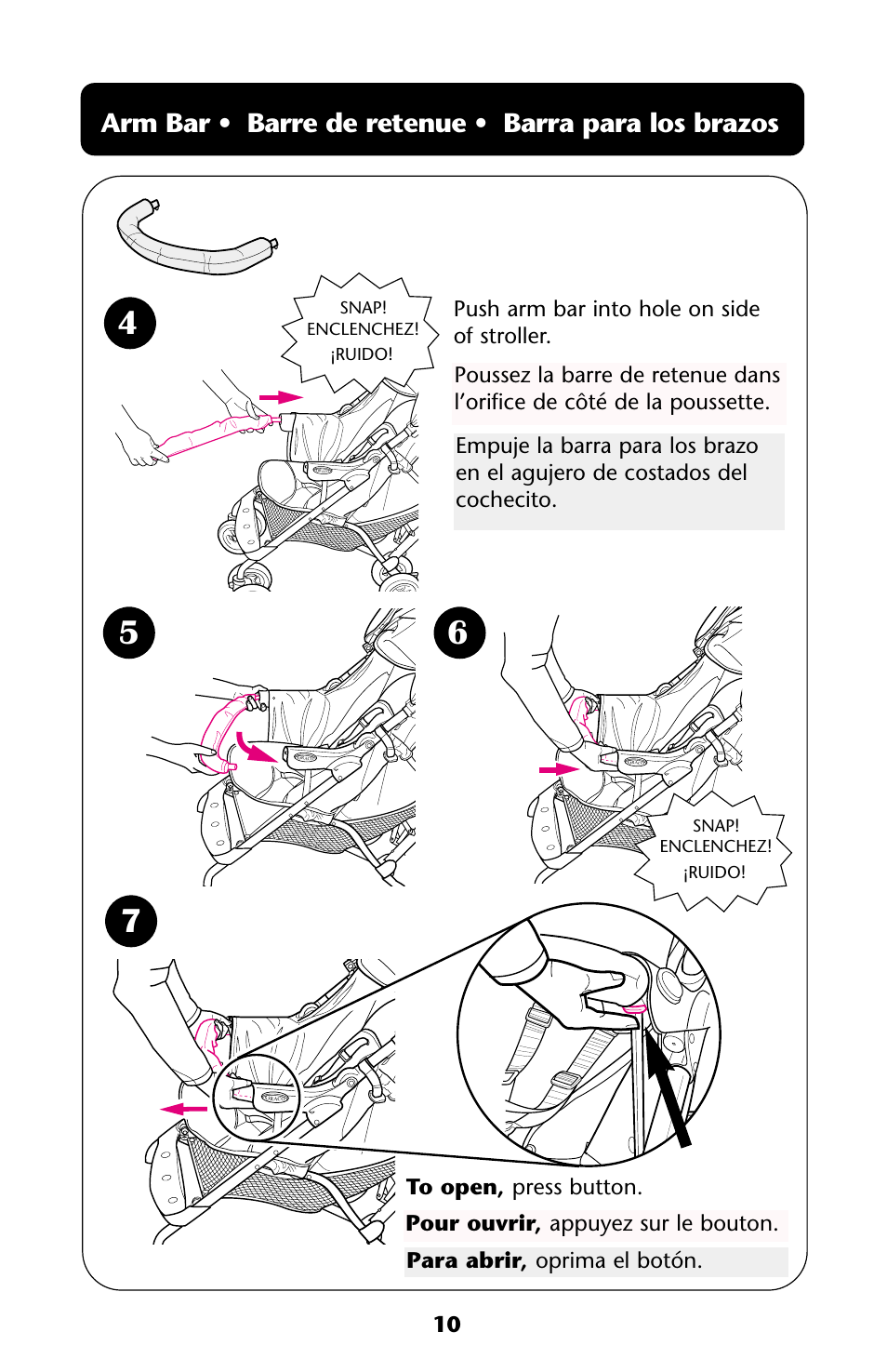 Arm bar • barre de retenue • barra para los brazos | Graco ISPA144AA User Manual | Page 10 / 121