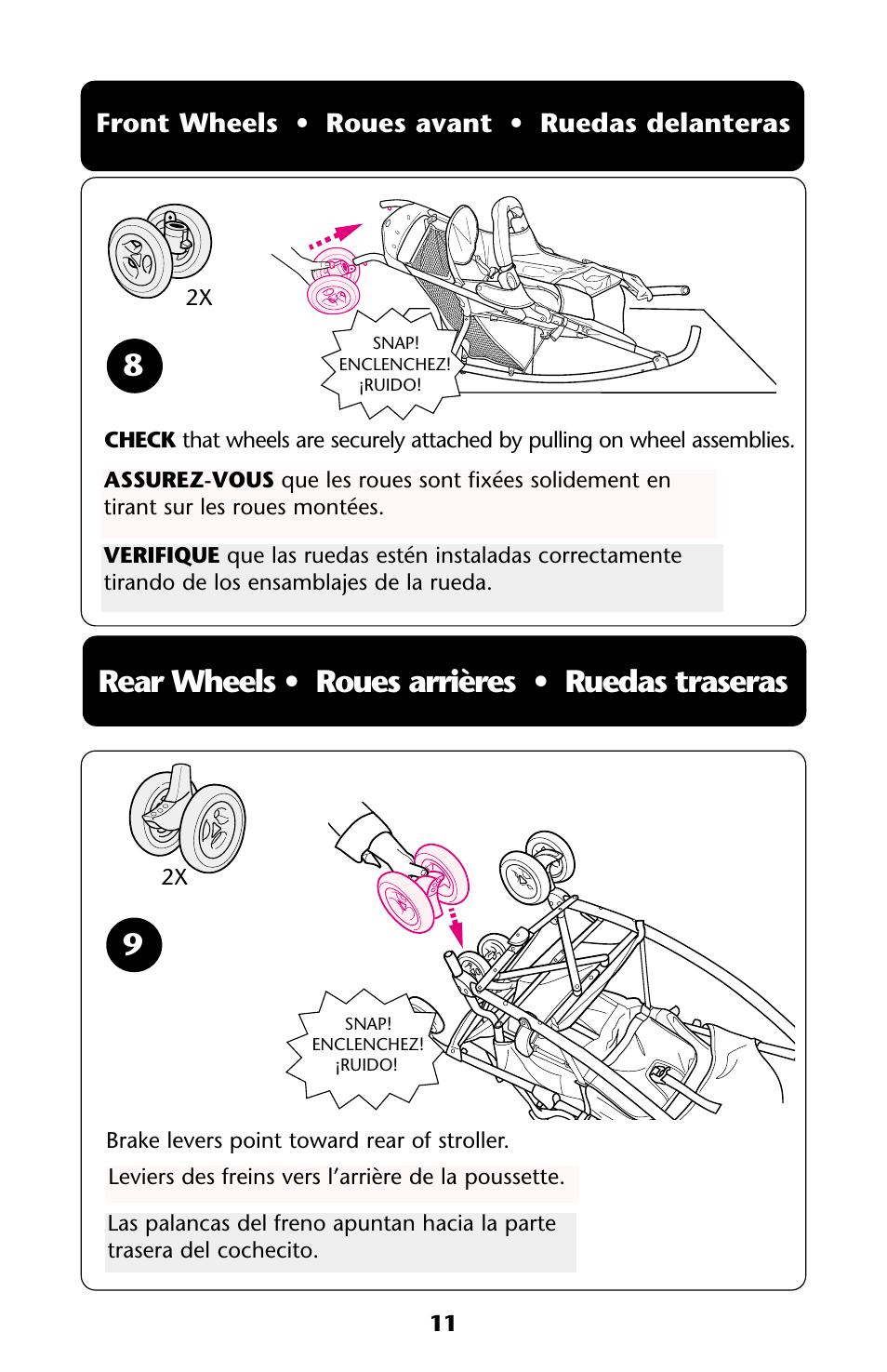 Rear wheels • roues arrières • ruedas traseras, Front wheels • roues avant • ruedas delanteras | Graco ISPA144AA User Manual | Page 11 / 121