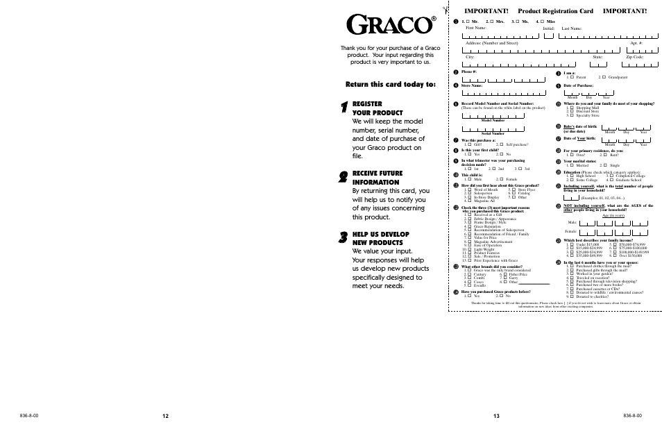 Bm bl bn bt bu bs br bq bo bp cl cm cn co cp, Return this card today to, Important! product registration card important | Graco 7586 User Manual | Page 12 / 116