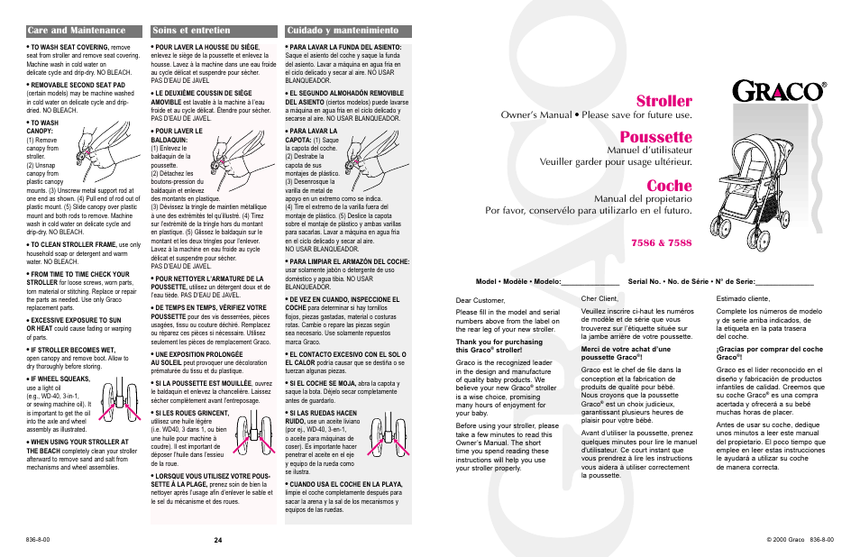 Stroller, Poussette, Coche | Owner’s manual please save for future use | Graco 7586 User Manual | Page 24 / 116