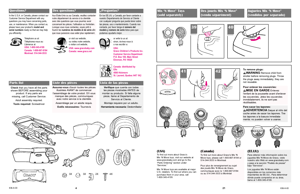 Parts list liste des pièces lista de las piezas, Questions? des questions? ¿preguntas, Usa) | Canada), Mix ‘n move, Toys (sold separately) des jouets mix ‘n move, Vendu séparément) juguetes mix ‘n move, Vendidos por separado), Ee.uu) | Graco 7586 User Manual | Page 4 / 116