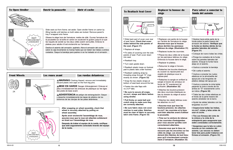 Front wheels les roues avant las ruedas delanteras, Warning, Mise en garde | Advertencia | Graco 7586 User Manual | Page 6 / 116